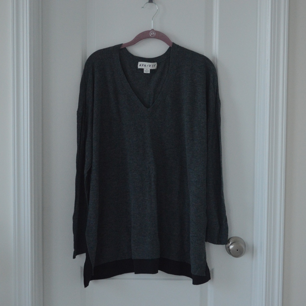 Dark Grey and Black V Neck Long Sleeve Top